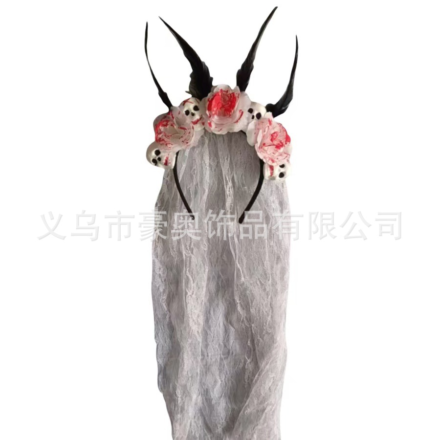新款万圣节男女款万圣节网纱骷髅头发箍 亡灵节仿真花黑蜘蛛头箍详情3