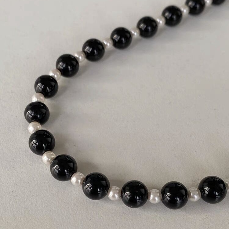 Natural black agate silver bead spliced necklace, Korean s925 pure silver versatile round bead collarbone chain, retro and fashionable jewelry for women pic 4