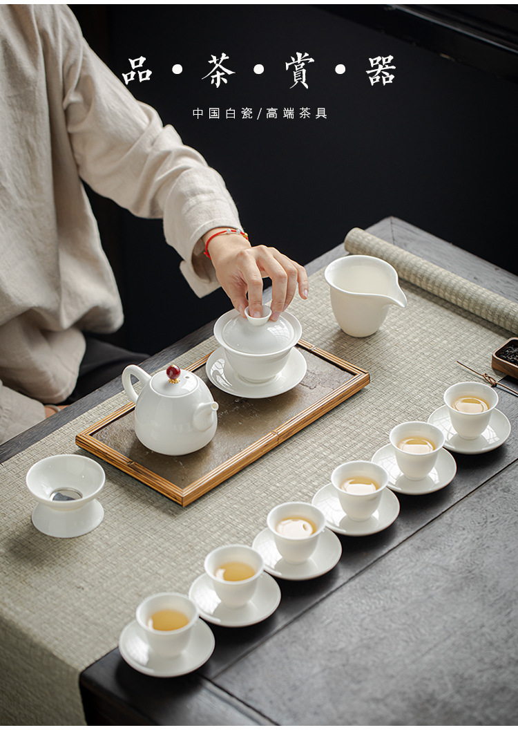 Wholesale of Dehua sheep fat Jade White porcelain Gongfu tea sets, with company logo printing, opening gift set and gift box pic 11