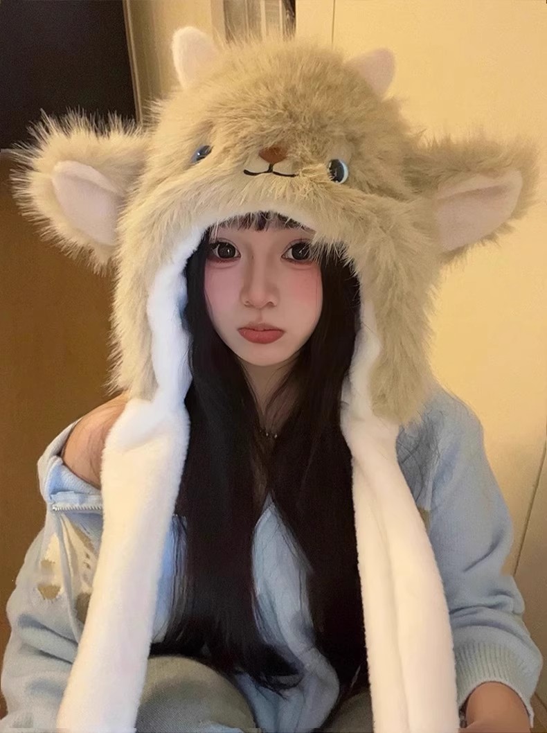 一件代发加厚毛绒绒狐狸耳朵帽子围巾一体秋冬季防寒保暖雷锋帽护颈显脸小地摊批发详情7