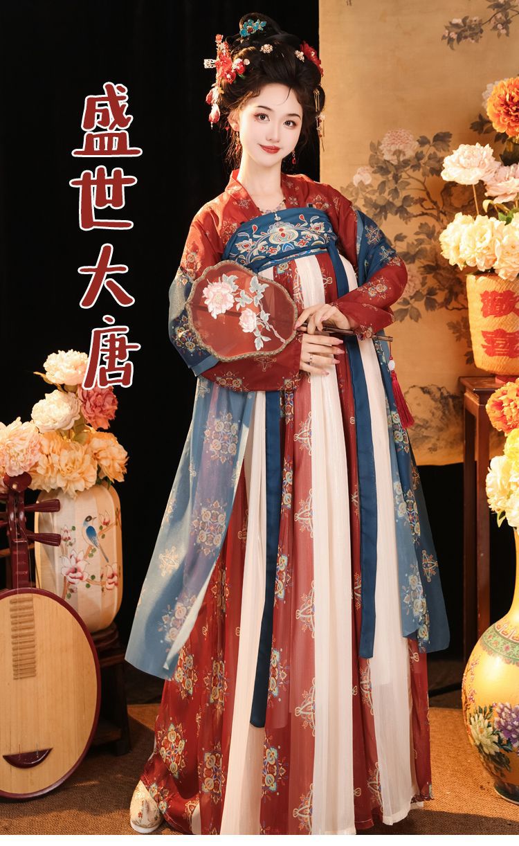 国潮唐制汉服齐胸襦裙日常改良唐制汉服女复原风齐胸襦裙一片式春夏款详情2