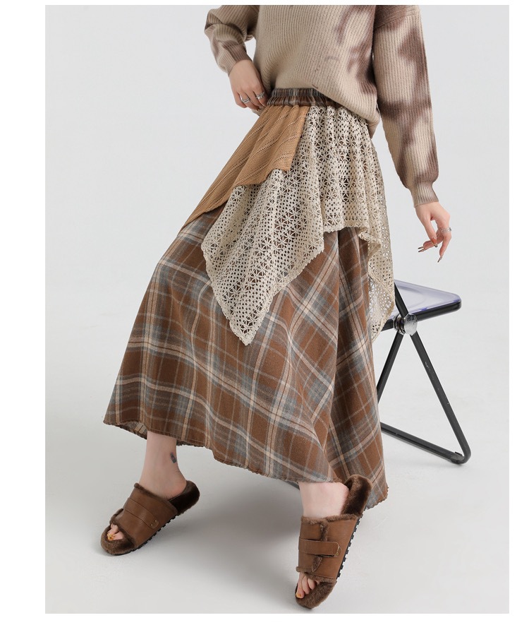 Forest-themed retro checkered skirt for women 2025 new autumn and winter design, irregularly pieced high-waisted A-line long dress pic 35