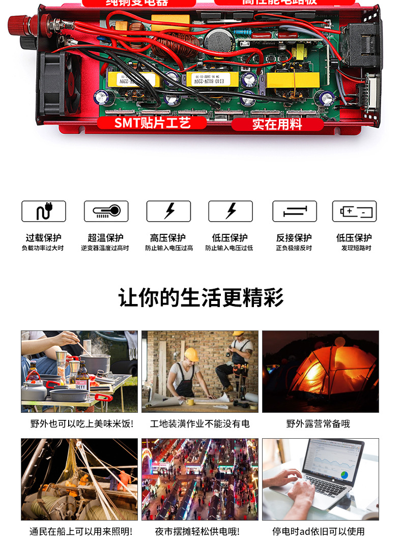 Pure sine wave inverter, 12V vehicle-mounted power transformer, 24V to 220V inverter for street vending trucks, digital display pic 5