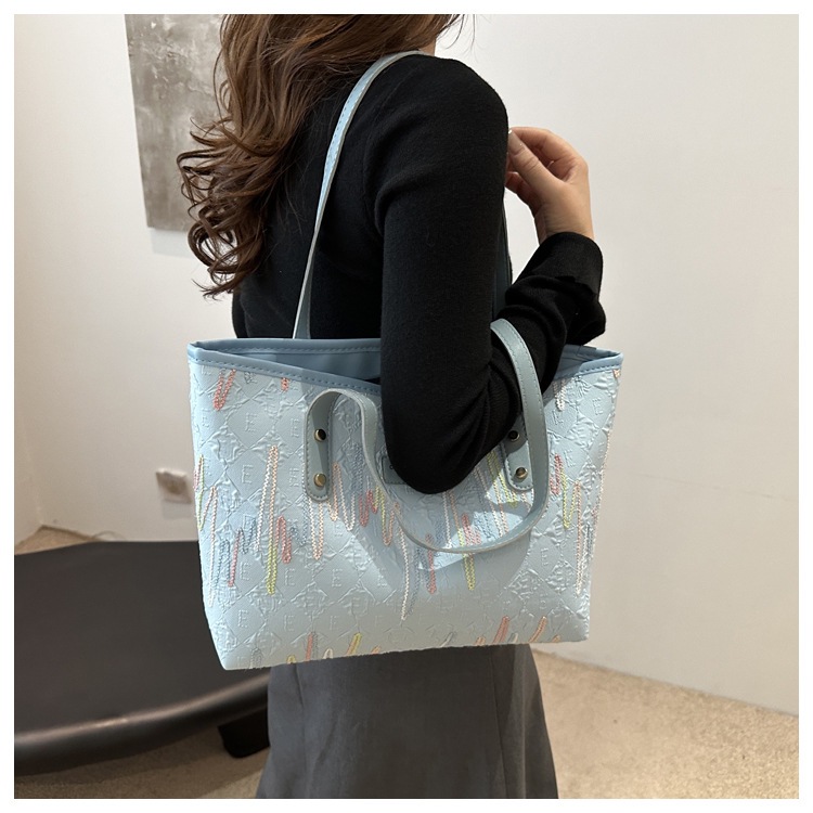 学生上课布袋包包女2024新款单肩腋下包条纹大容量通勤休闲托特包详情18