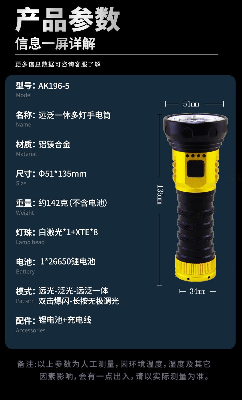 跨境新品派力德多灯手电筒铝合金远射白激光手电8+1超长续航详情22