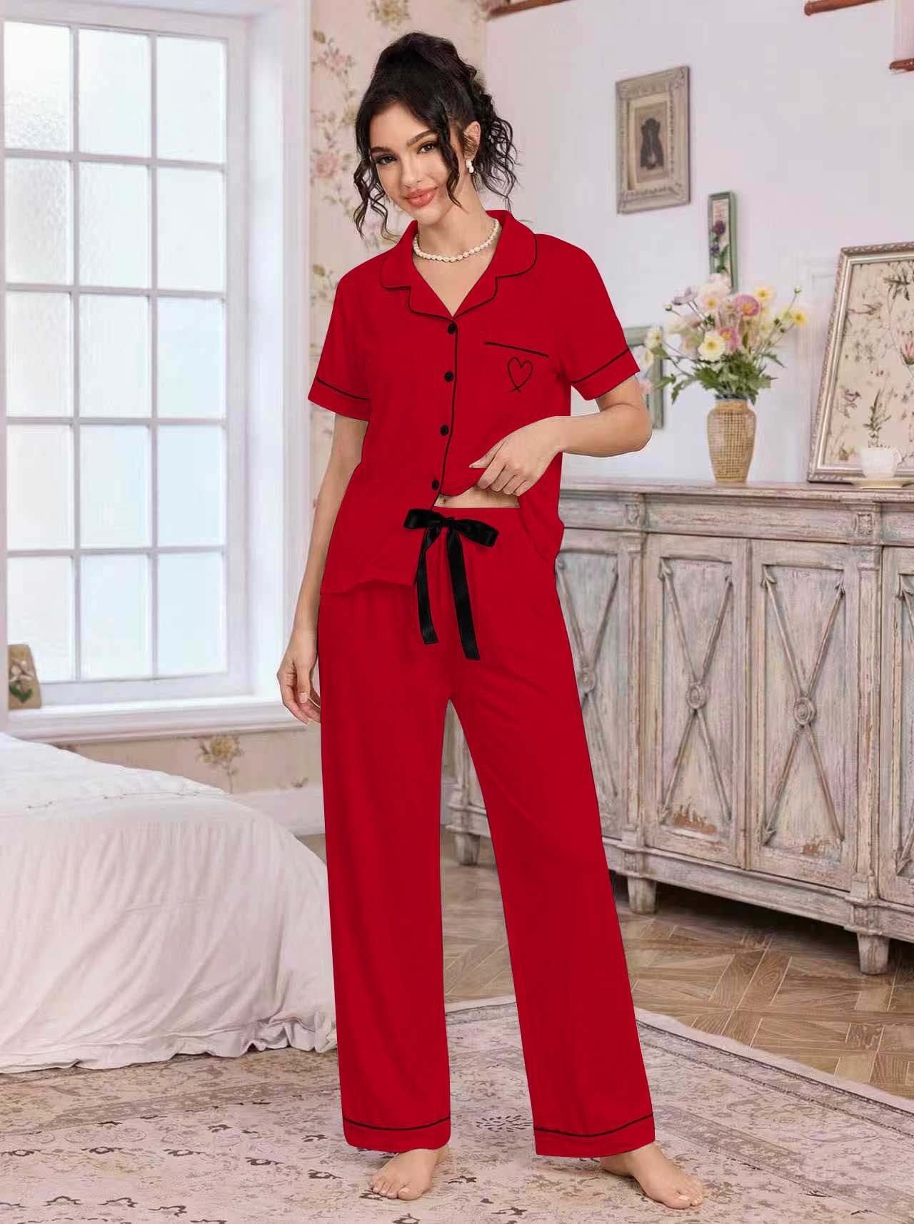 亚马逊欧美家居服套装翻领开衫短袖长裤爱心绣花睡衣女外贸独立站详情18