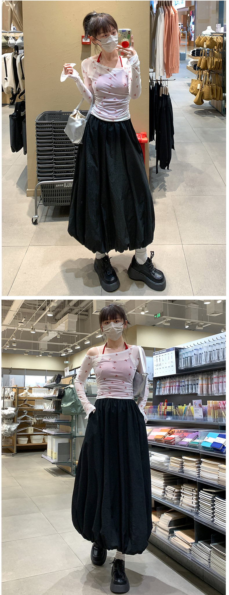 白色花苞半身裙女2025春夏款中长款高腰显瘦小个子法式伞裙a字裙详情10
