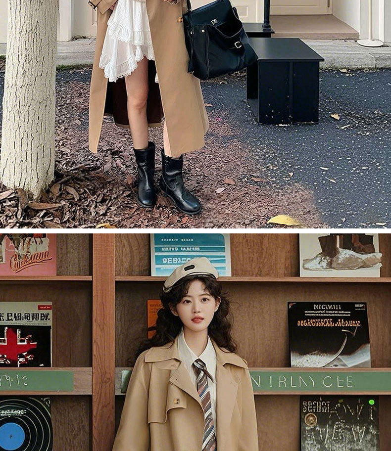 加长款过膝风衣女早春新款韩版学院风学生气质休闲黑色大衣详情9