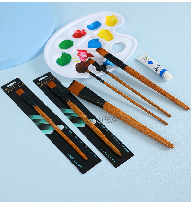 Wood grain stem flat-peak nylon brush oil painting brush, aluminum tube acrylic single-barrel painting brush, art studio watercolor pen wholesale pic 9