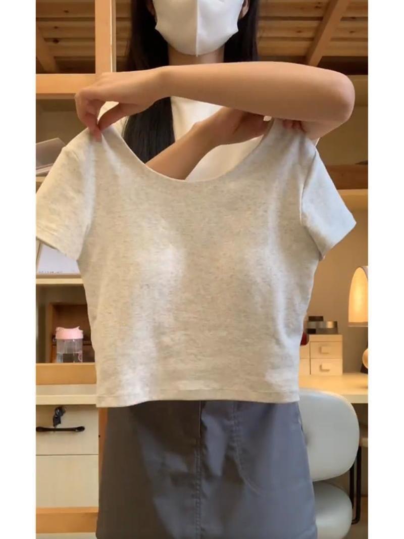 纯色辣妹正肩短袖T恤女夏季镂空美背带胸垫打底小衫短款上衣详情6