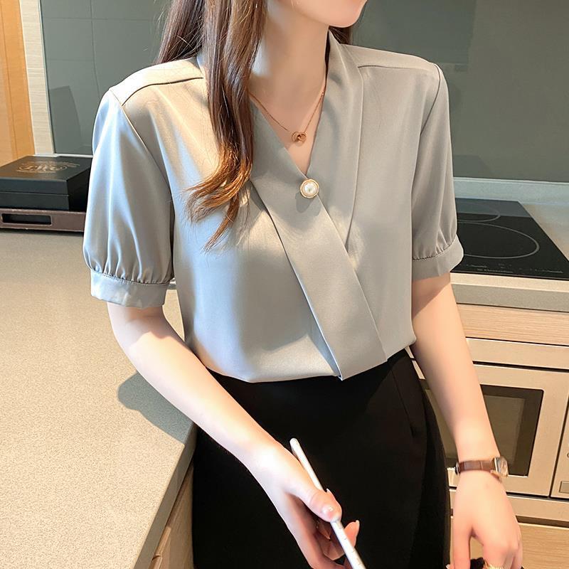 The new V-neck shirt for women in the spring and summer of 2024 is a fashionable and stylish short-sleeved chiffon shirt with a unique design sense pic 6