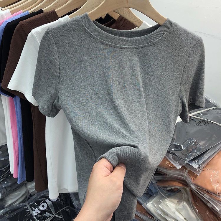 纯色面膜T恤女短袖2024年夏季新款法式修身显瘦设计感打底衫上衣详情20