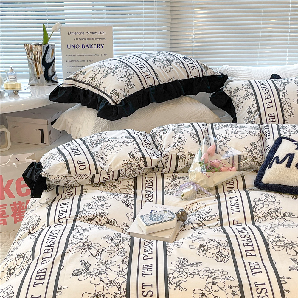 French Hepburn style pure cotton four-piece set, high-end feel, pure cotton black and white sketch flower duvet cover, all-cotton edge bedding pic 65