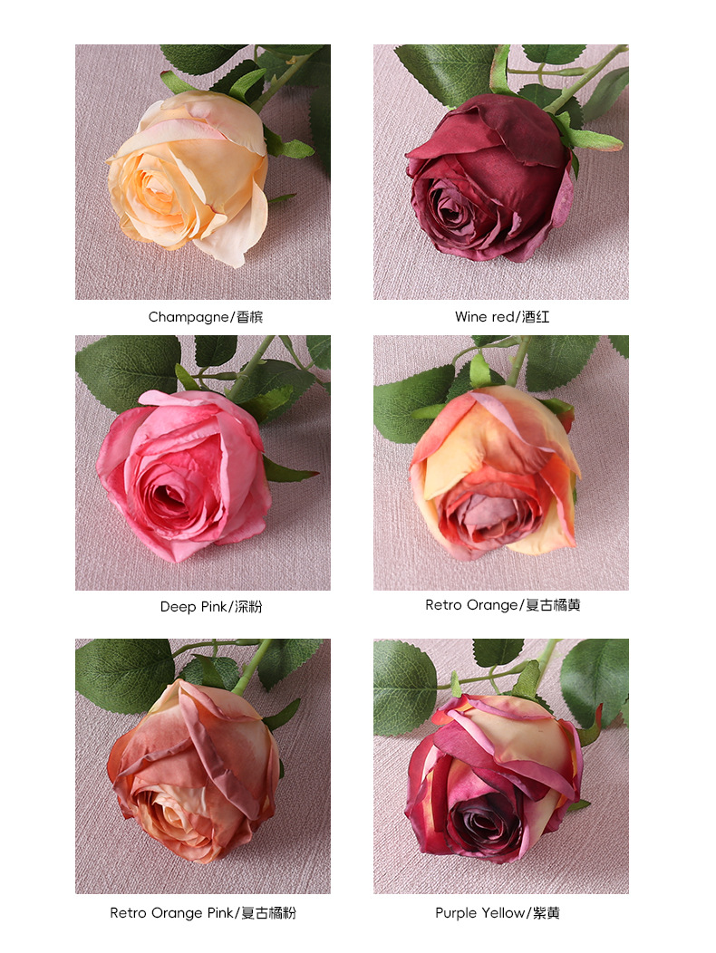 复古仿真单枝烤边圆玫瑰摄影道具婚庆家居花艺摆件仿真焦边玫瑰详情4