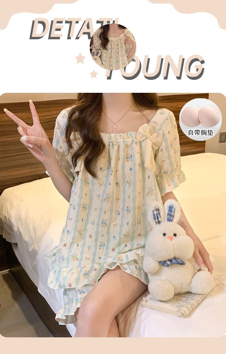 Cloud cotton pajamas for women, summer with chest pads, short sleeves and shorts, Korean sweet princess-style home wear set, can be worn outside pic 3