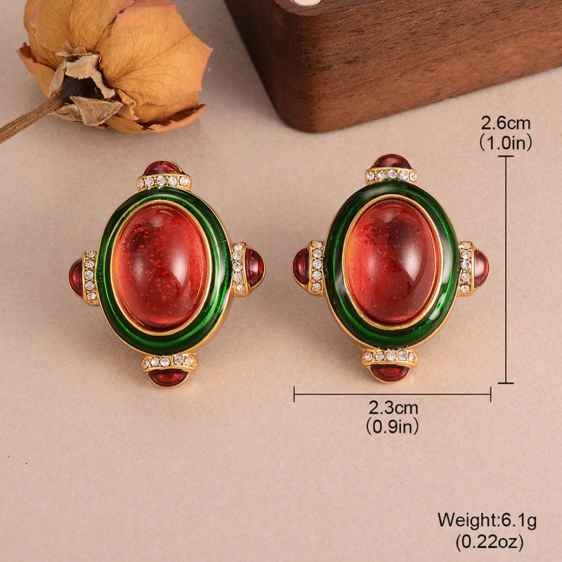 French retro glass oval earrings, unique diamond-encrusted court style, distinctive stud earrings, tiger eyes, high-end earrings for women pic 24