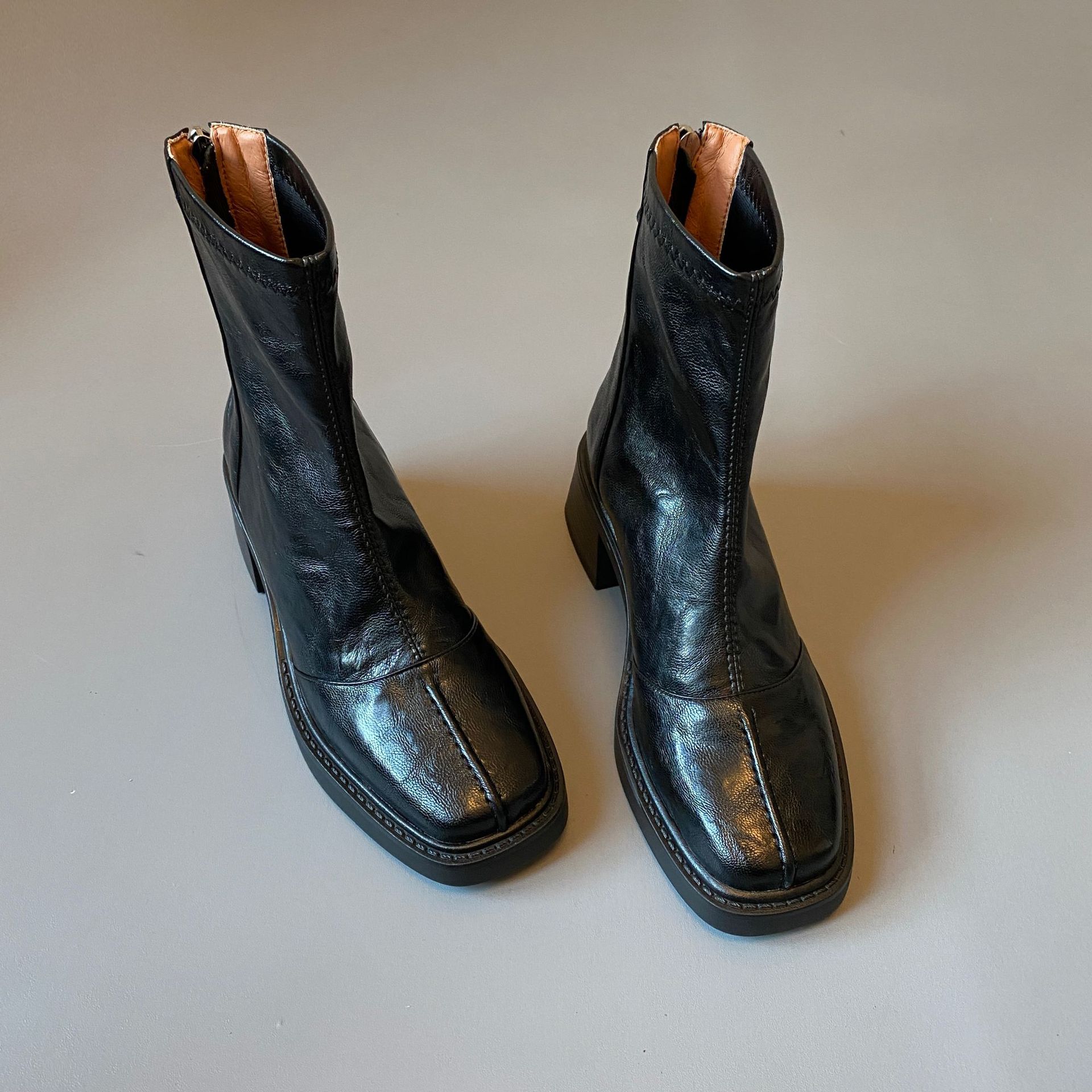 【现货】高跟方头短靴马丁靴春秋季单靴后拉链短靴女士粗跟靴子详情13