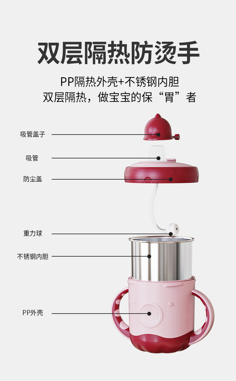 佳宜贝比不锈钢儿童牛奶杯刻度杯耐摔学饮杯喝奶杯双层水杯吸嘴详情6