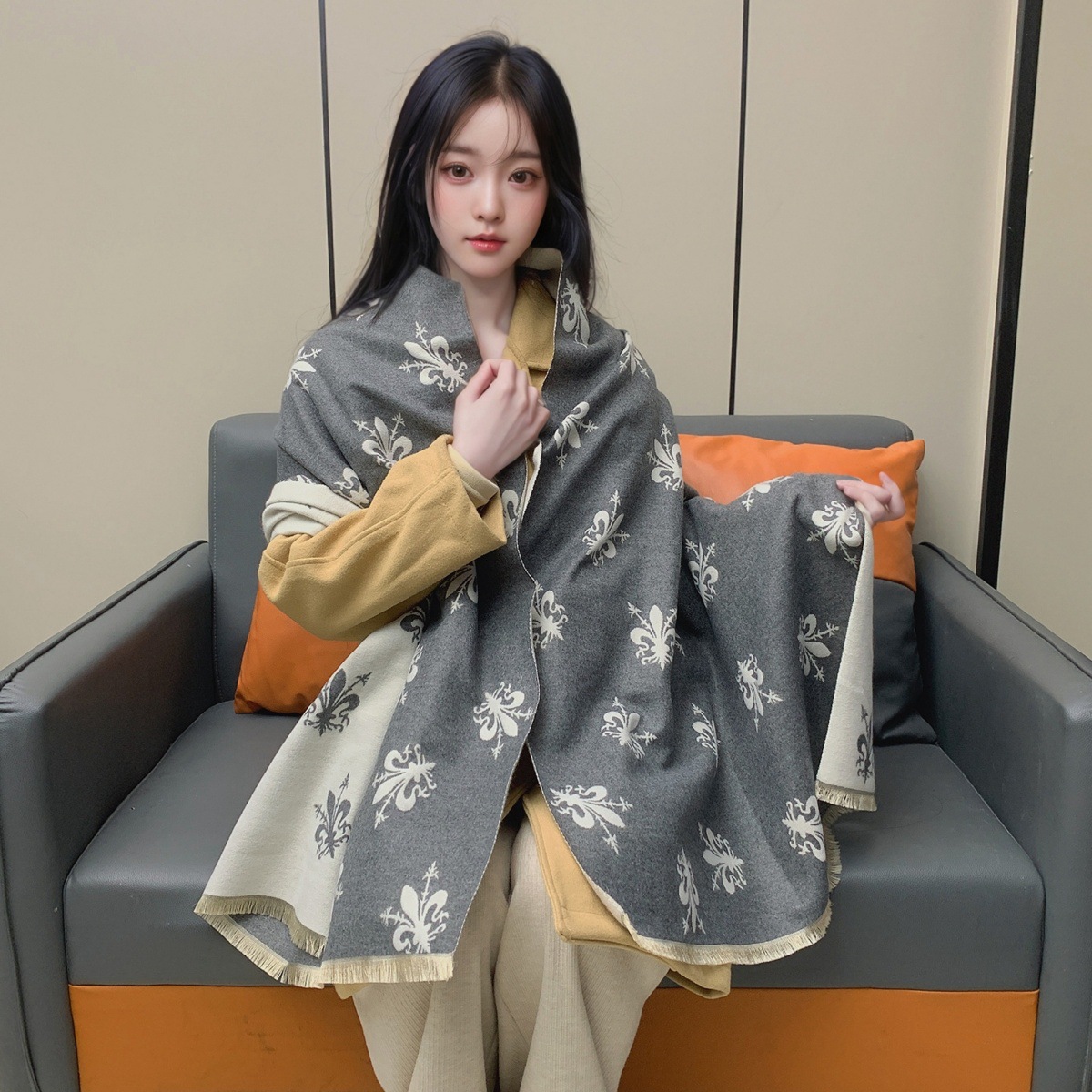 围巾女冬季欧美风格佛罗伦萨鸢尾花披肩加厚百搭双面保暖围脖保暖详情49