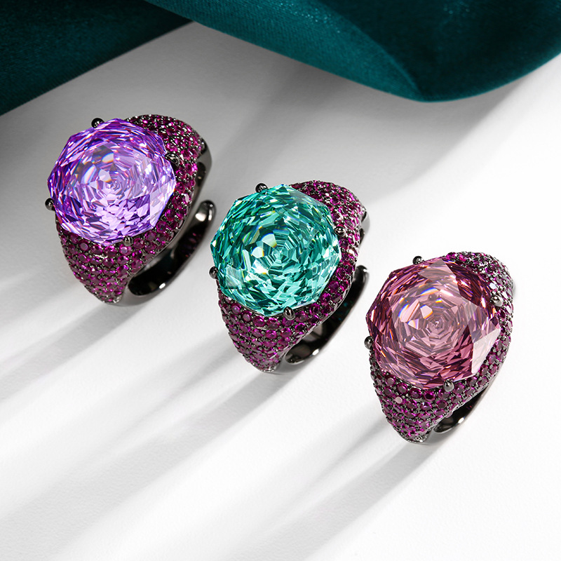 2025新款庄生生珠宝铜底镀金仿真玫瑰切黑金个性戒指主石14mm批发详情12