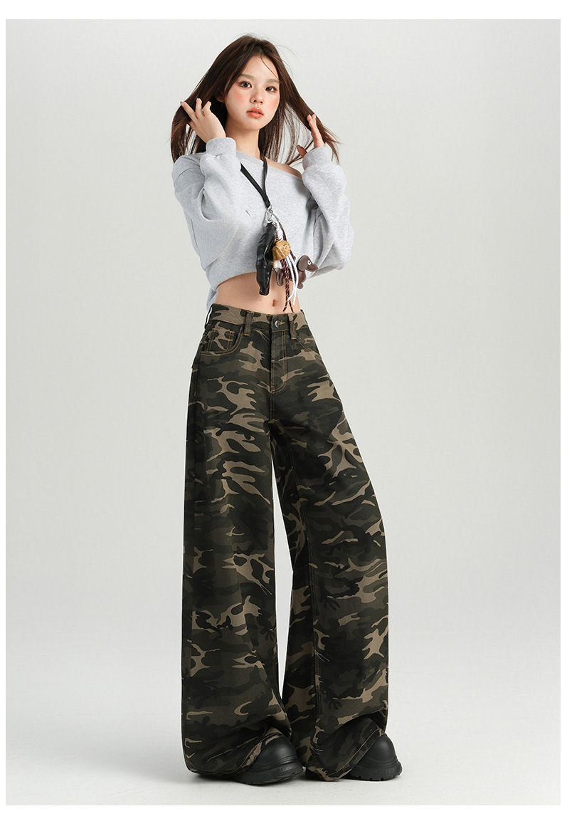 橙绢女装#美式辣妹迷彩高腰阔腿休闲裤女秋季新款高街显瘦拖地裤详情17