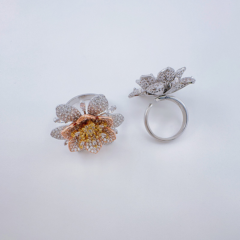 Bergamota cross border split color flor full diamond anillo mujer francés ins viento frío anillo DIY holder vacío handwear pic 5
