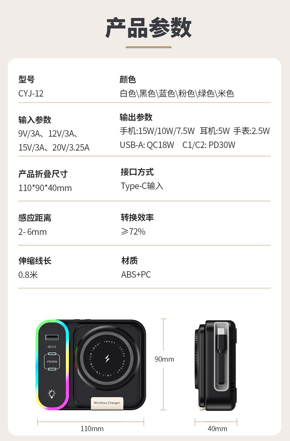 多功能Magsafe无线充电器内置伸缩线 数显时钟折叠无线充支架多口详情13