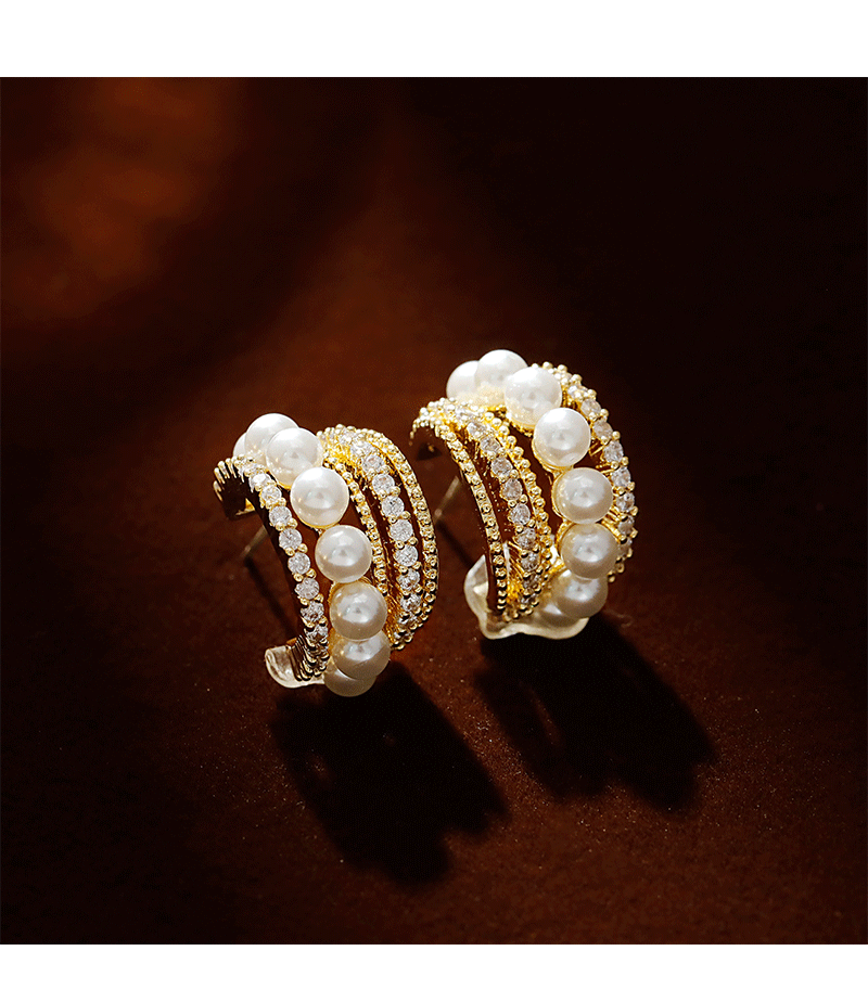 Tipo HyacinthC aretes de perlas coreanos micro circonitas pendientes de medio anillo francés temperamento vintage versátil personalidad pequeña fragancia mujer pic 2