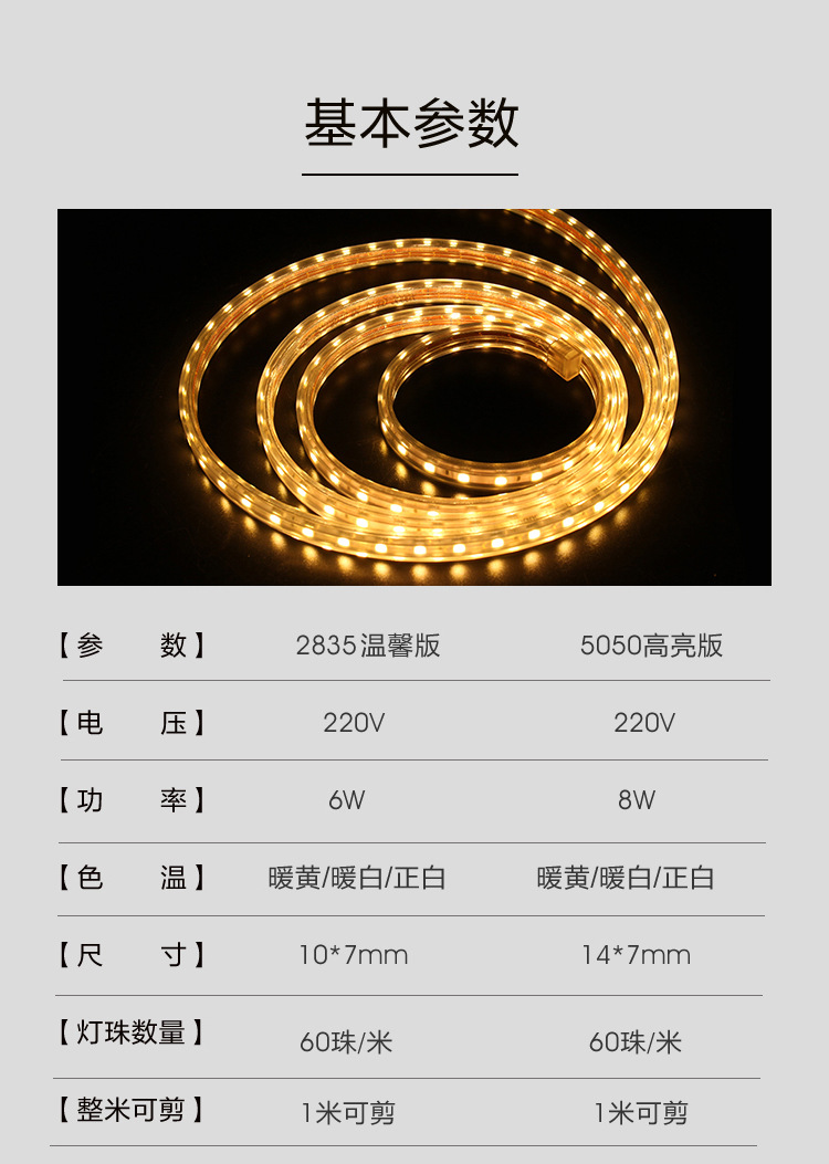 雷士照明LED灯带5050高亮贴片220V灯条客厅吊顶照明防水户外灯带详情8