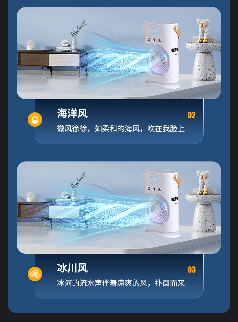 跨境新款家用三孔冷风机喷雾风扇便携桌面加湿喷雾USB迷你冷风扇详情9