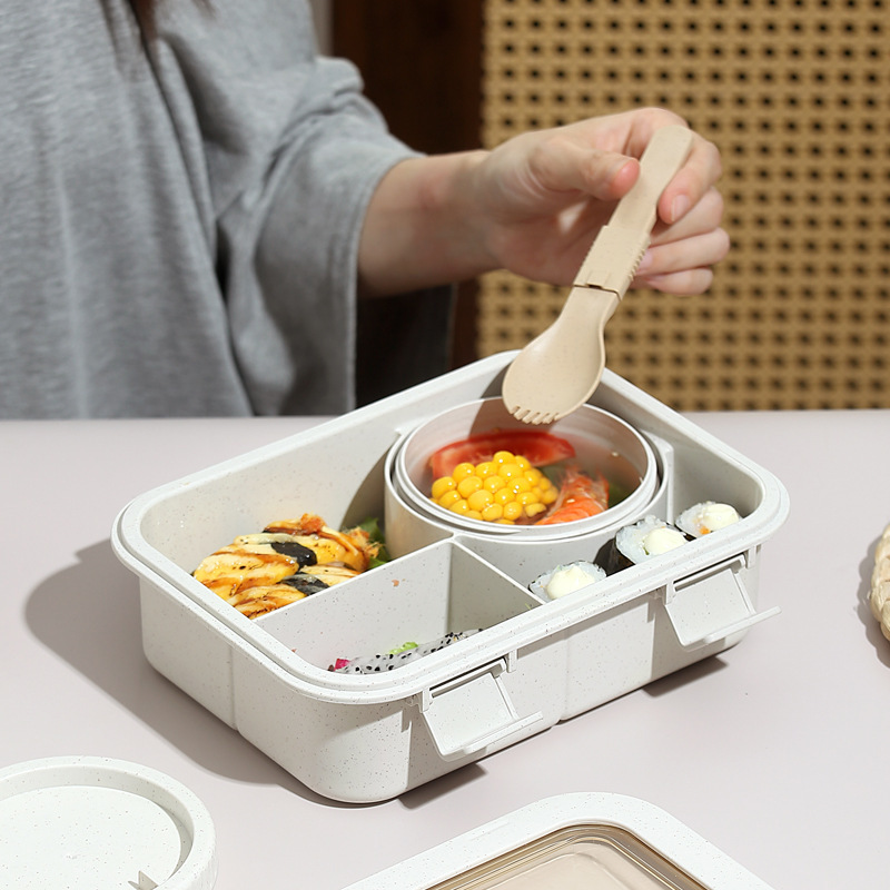 小麦秸秆饭盒日式餐盒学生午餐盒上班族分格便当盒密封保鲜盒批发详情4