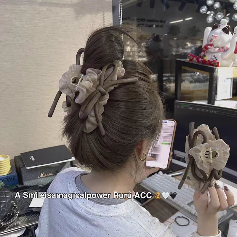 高级泡泡网纱丝带蝴蝶结抓夹后脑勺盘发夹百搭气质少女鲨鱼夹发抓详情4