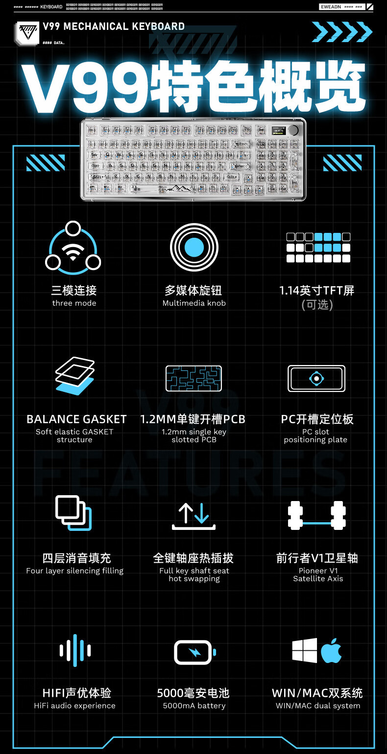 前行者v99透明无线蓝牙机械键盘三模女生办公游戏RGB客制化显示屏详情3