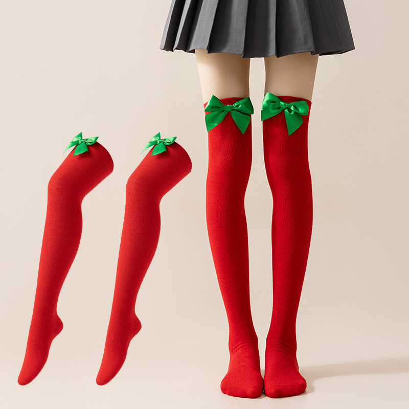 New European and American Halloween and Christmas knee-high socks, single-color striped thigh-high socks with bows, available in multiple colors pic 4