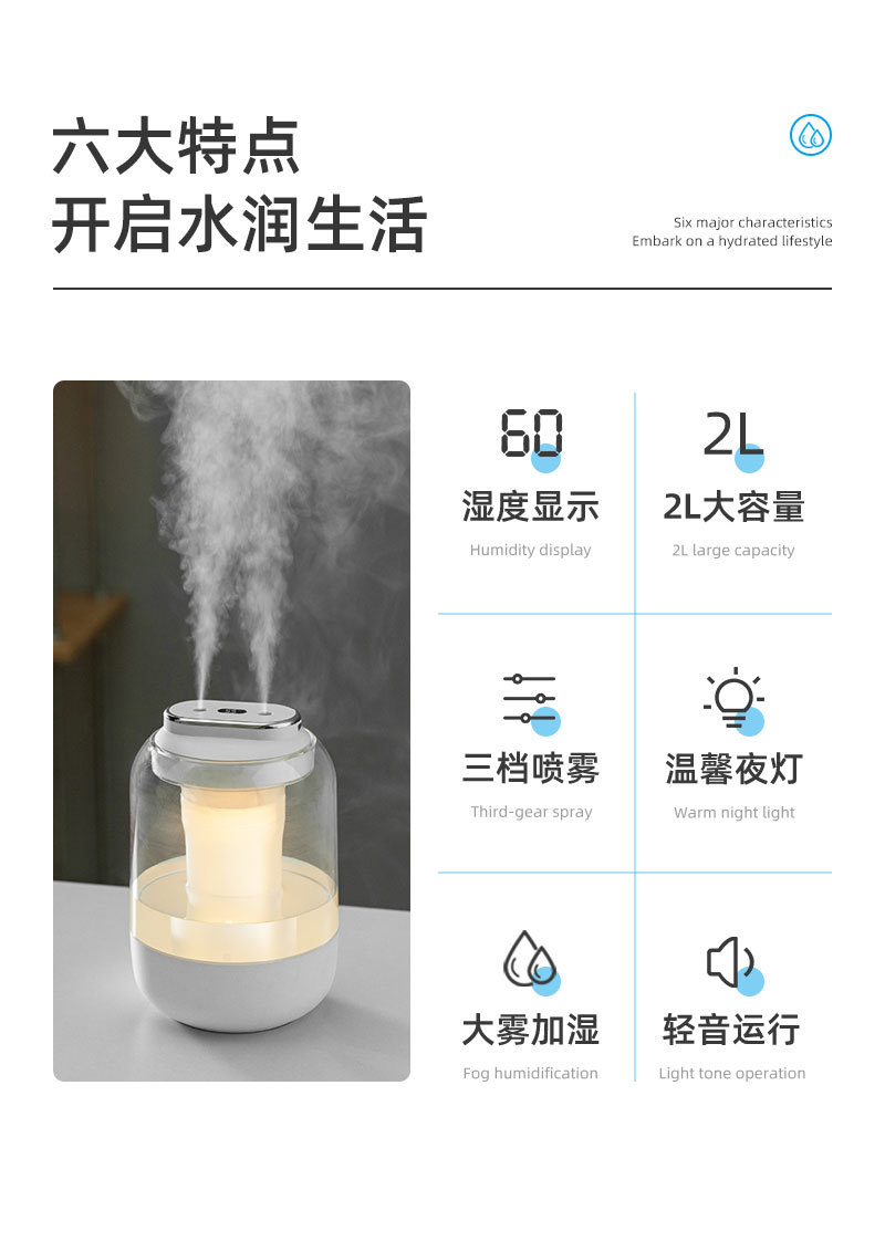 跨境新款2L双喷加湿器usb大容量静音家用小夜灯超声波空气加湿器详情3