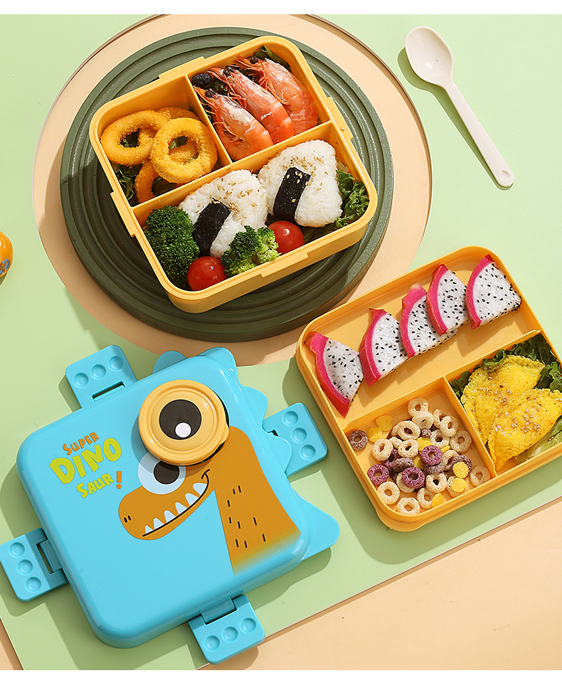 Dinosaur sauce cup lunch box, plastic PP microwave heating tape rice box, double-layer separated salad lunch box wholesale pic 12