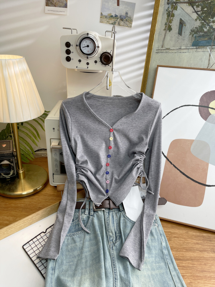 抽绳针织长袖t恤女2024秋新款修身短款设计感内搭打底衫上衣4659详情16