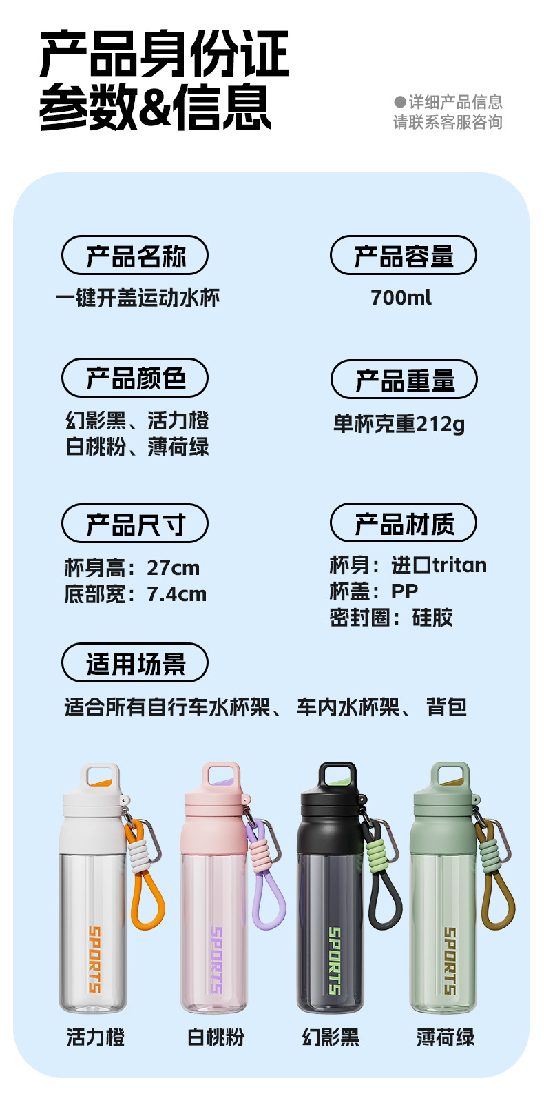 一键开盖水杯tritan一盖三饮户外大容量运动水杯健身男女骑行水壶详情24