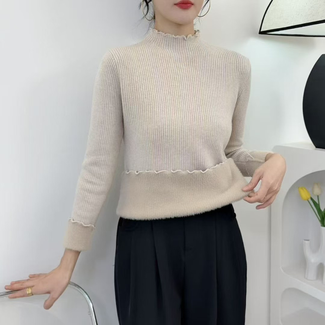 Original quality fleece and thickened one-piece fleece knitted base sweater for women, black ear fringed semi-high-neck sweater for autumn and winter pic 8