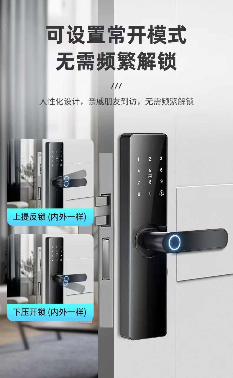 Black smart door lock with facial and fingerprint recognition, digital keyboard handle, specially designed for wooden doors pic 9