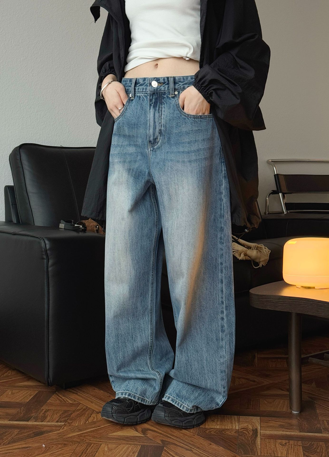 卢浮春夏新款美式复古磨白水洗牛仔裤宽松阔腿显瘦休闲长裤女详情25