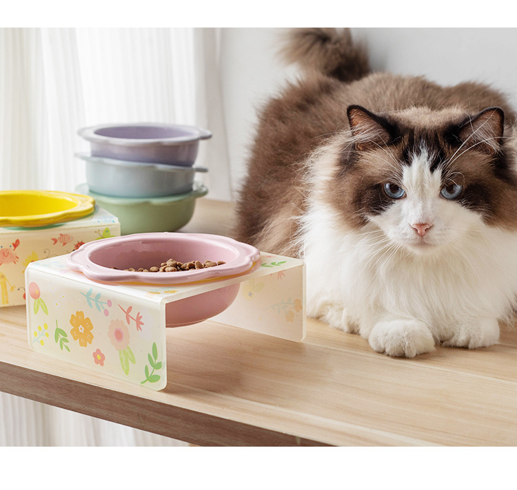 Cartoon pet bowl, acrylic stand, flower ceramic cat bowl, height-increasing dining table, single bowl stand for cats and dogs, neck guard to prevent knocking pic 13
