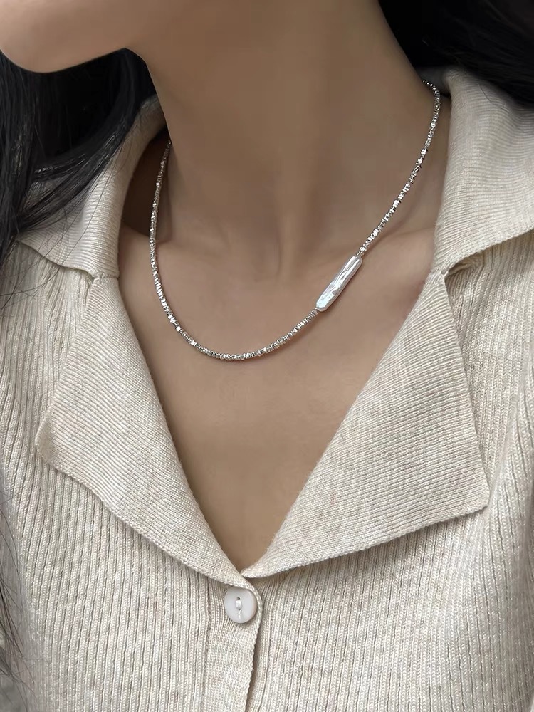 巴洛克异形淡水珍珠小银条珍珠项链镀银碎银子轻奢气质时尚锁骨链详情2