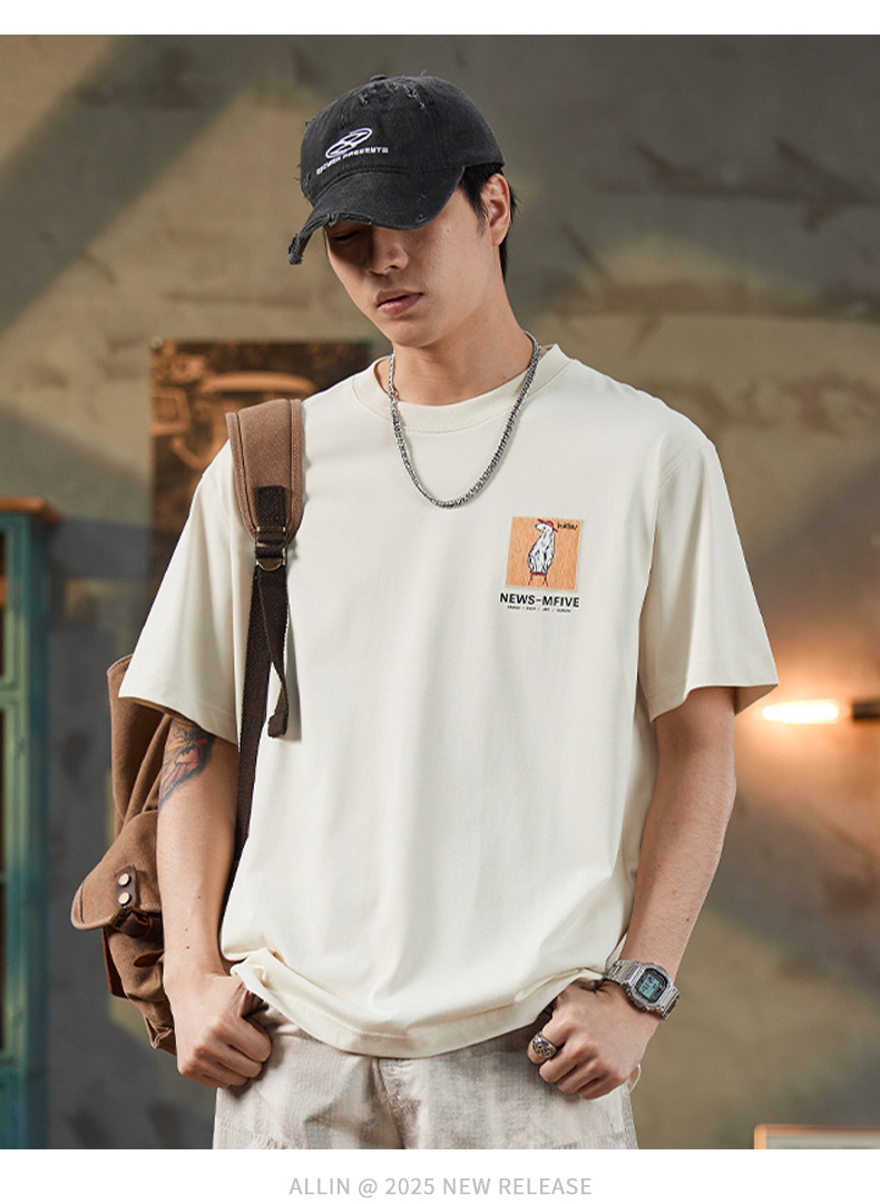 ALLIN 卡通印花短袖T恤男夏季美式重磅宽松百搭圆领五分半袖上衣详情14