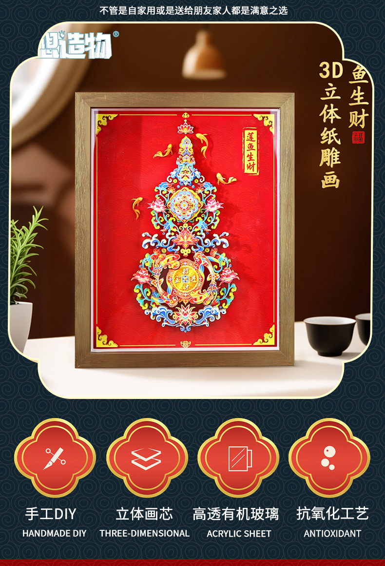 国潮新中式福禄吉祥3D立体diy剪纸画高颜值新年喜庆相框摆件送礼详情4