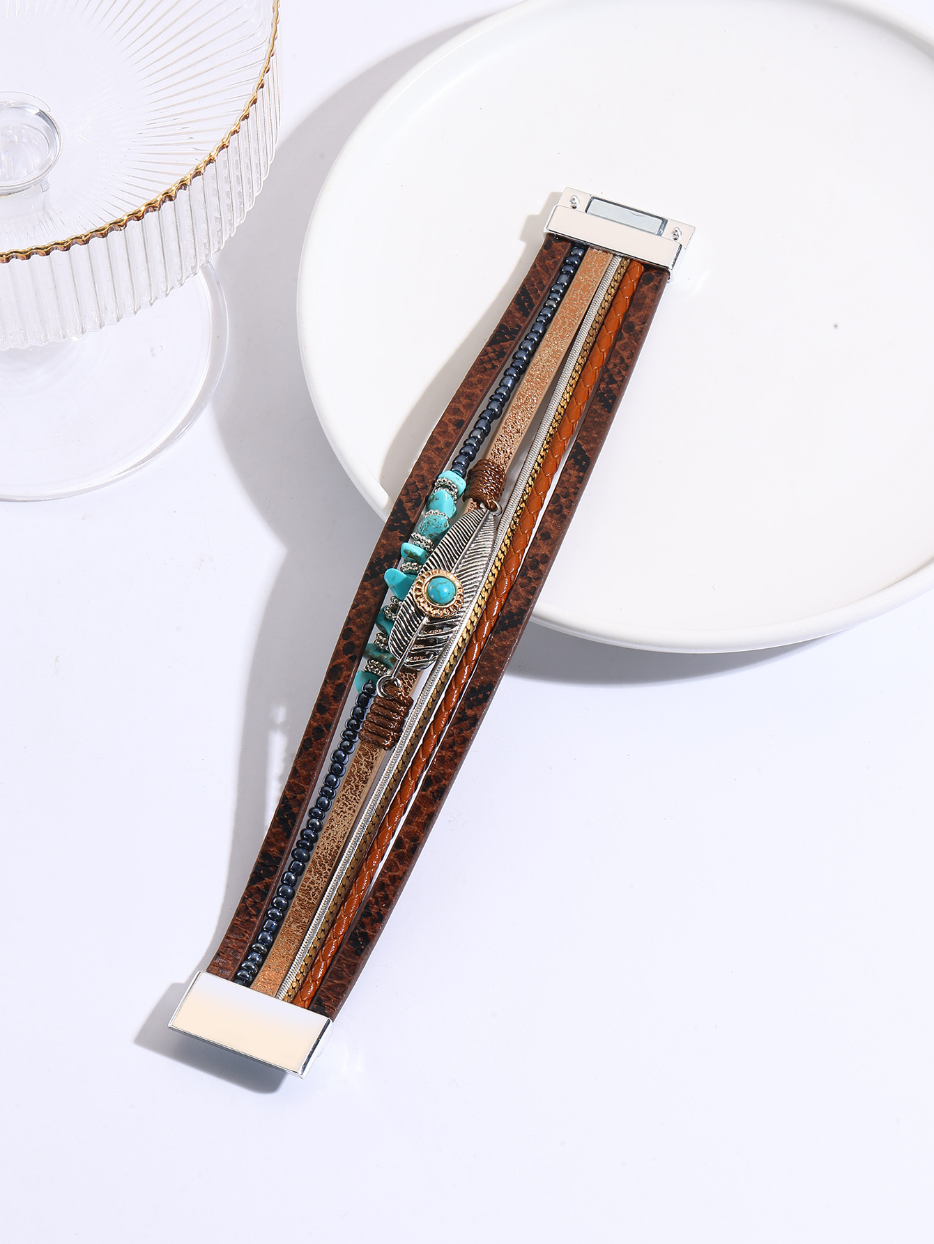 跨境翡翠波西米亚碎石羽毛手链复古绿松石磁铁扣手镯详情20