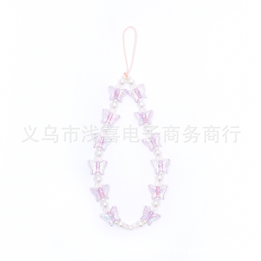 Amazon mobile phone chain crystal pearl butterfly mobile phone pendant, diy handmade beaded resin mobile phone lanyard for women pic 5