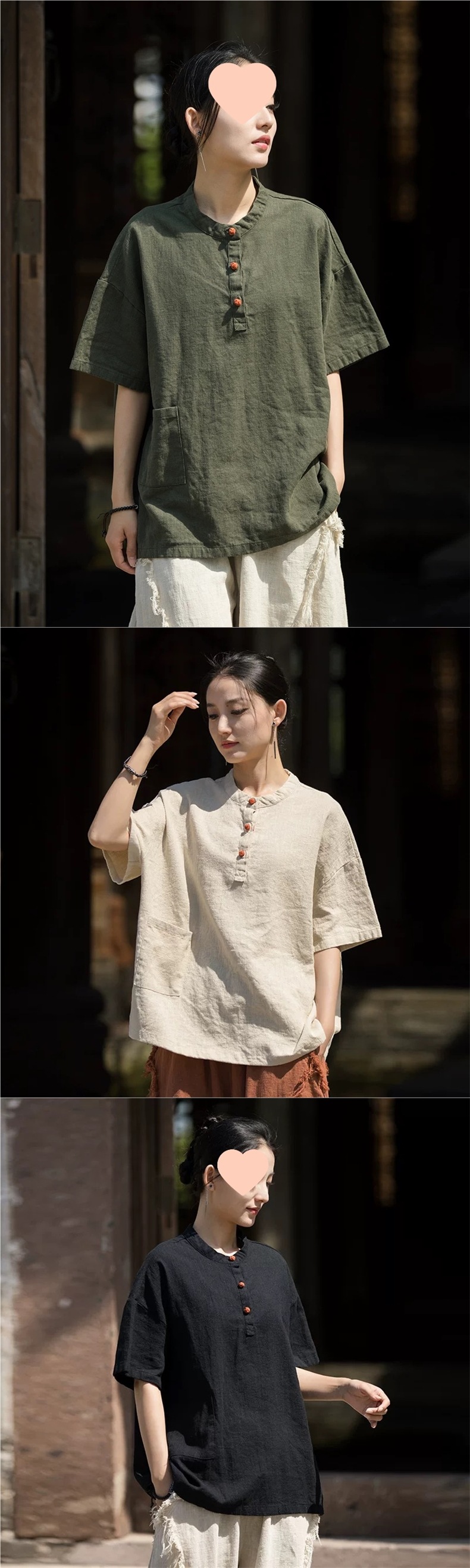 中国风立领盘扣棉麻短袖T恤女2025新款夏季宽松文艺禅意茶服上衣详情2