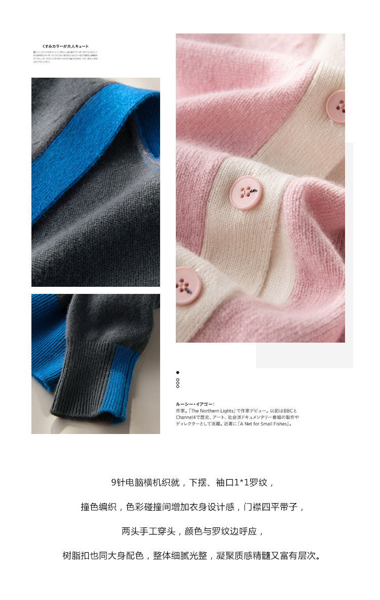 A stylish V-neck contrasting color wool cardigan with a simple and loose, fashionable knitted jacket for women in the autumn of 2024 pic 8