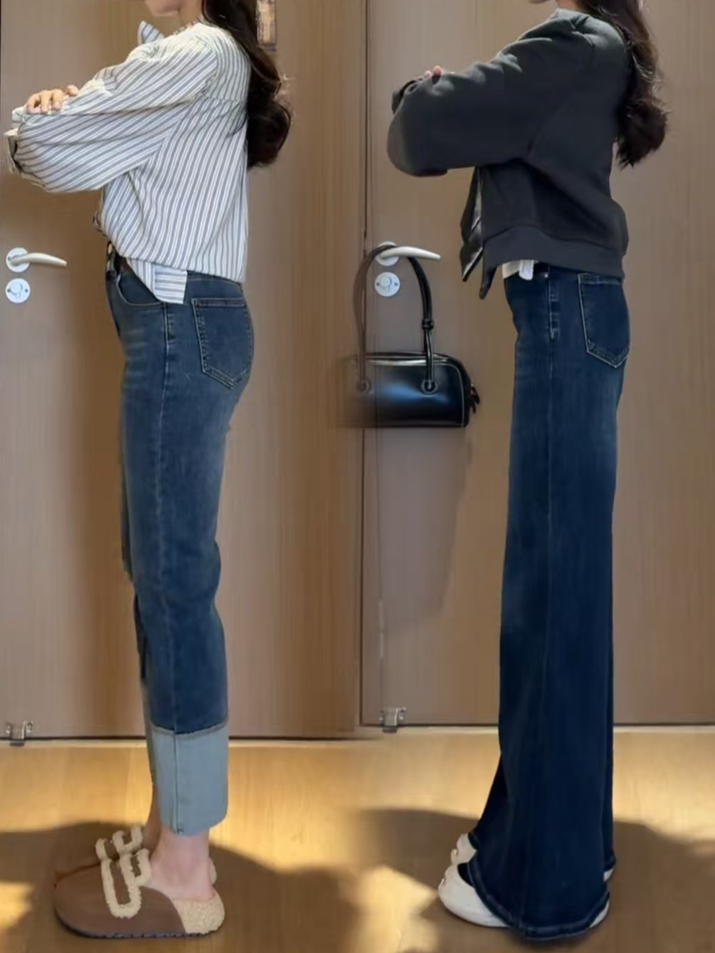 Dark blue wide-leg jeans for women, 2025 autumn new style, plus-size pear-shaped chubby girls, high-waisted, slimming, slightly flared pants pic 10